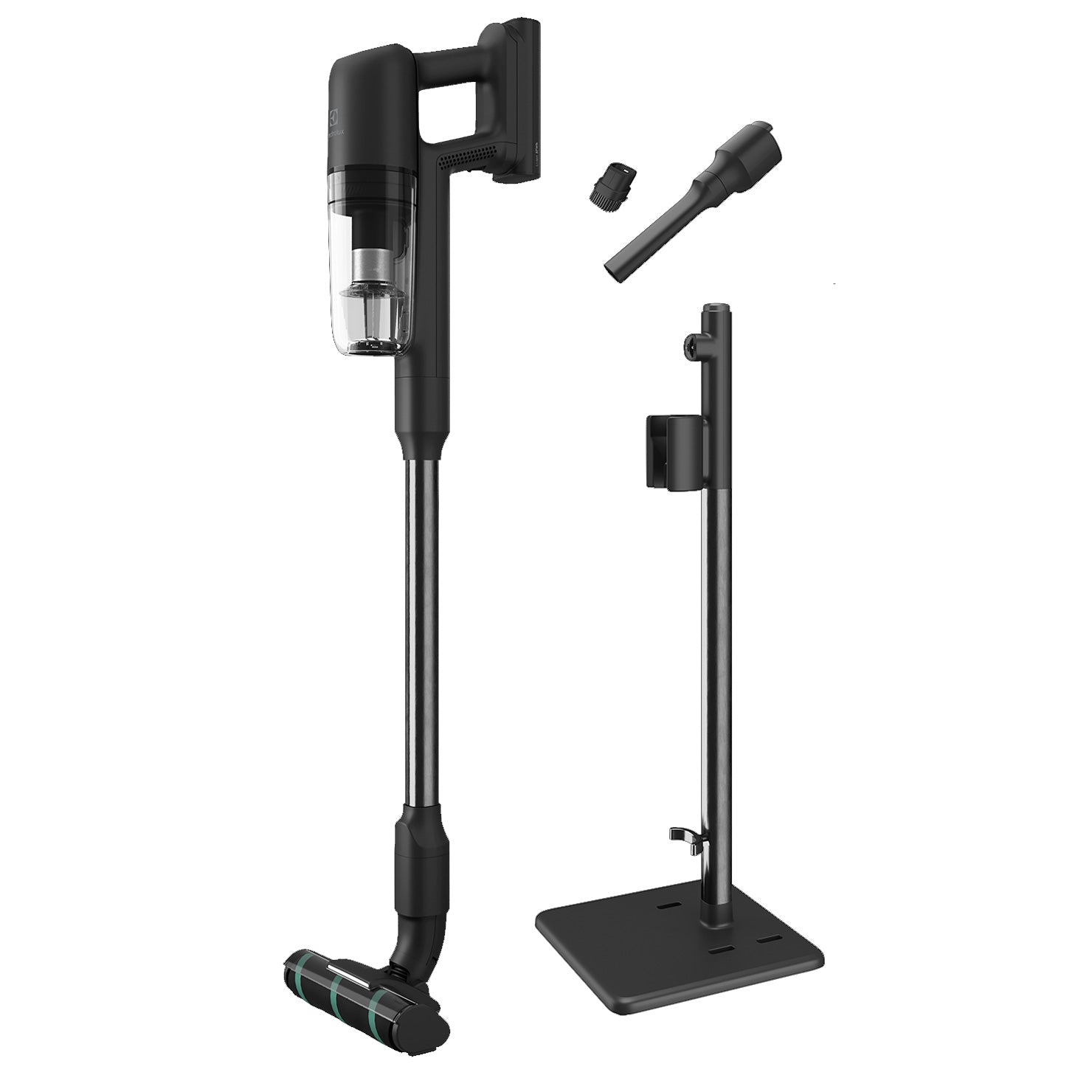 black lightweight vacuum with stand holder and 2 accessories